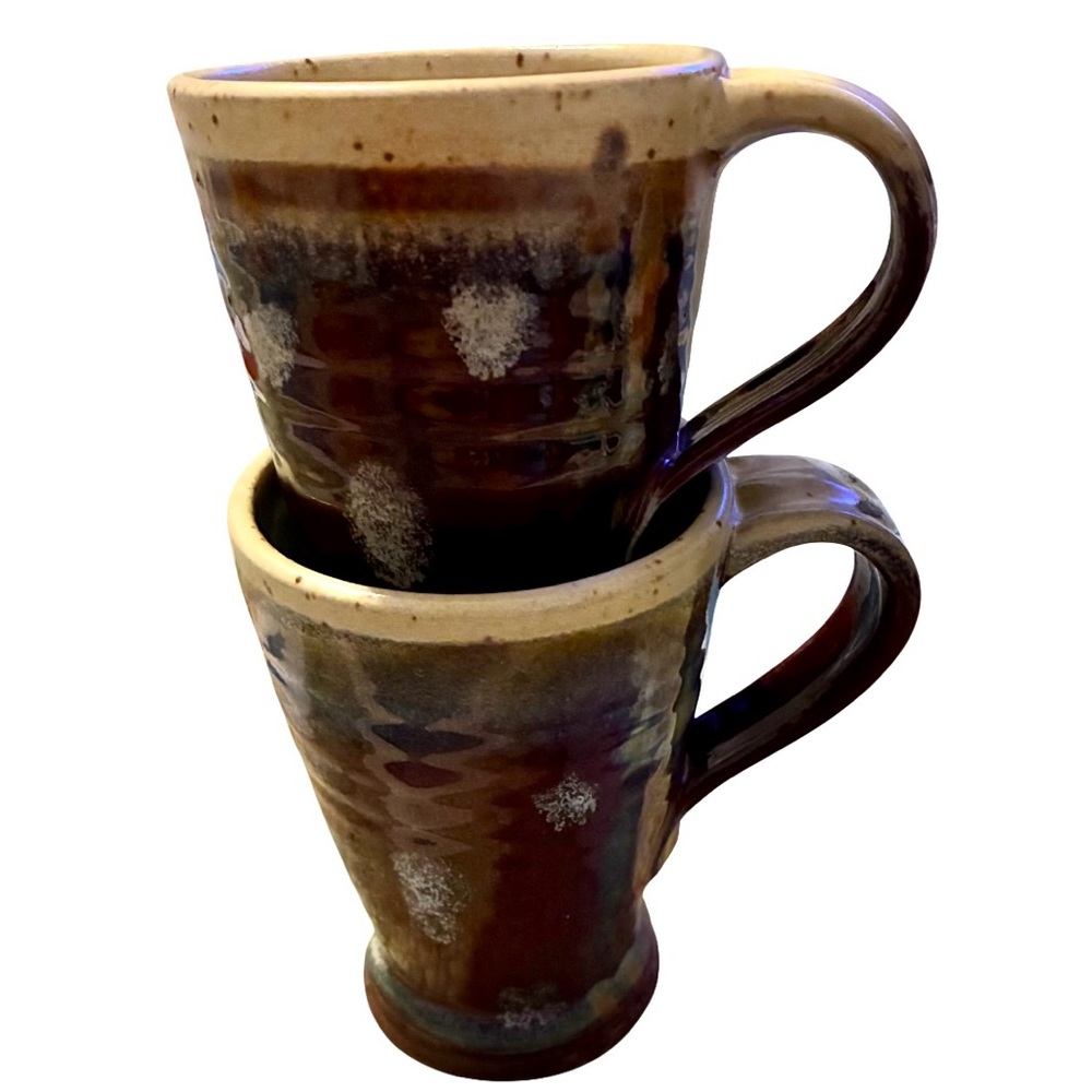 Signed Studio Pottery Handled Mugs Multi Color Glazed Signed by Artist